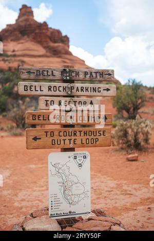 Famous Bell Rock in Sedona in Arizona Red rock country, USA. Family ready for their trail on famous Bell Rock Stock Photo