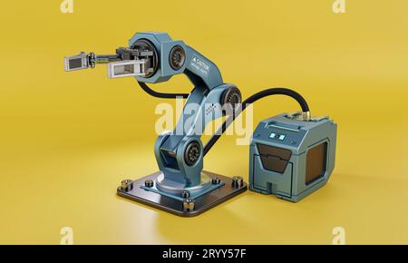 Robot arm with hand grip and power supply for manufacturing industrial plant on yellow background. Technology and Futuristic con Stock Photo