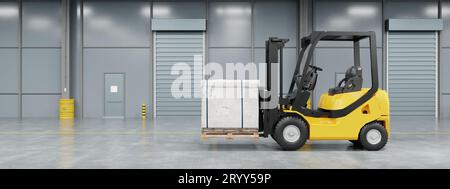 Forklift truck in warehouse moving and loading cardboard pallet box with copy space background. Industrial machine and business Stock Photo