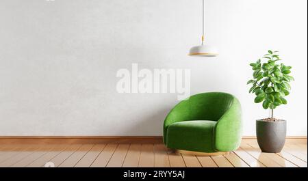 Green armchair with empty wall plants and lamp in modern room on wooden background. Copy space. Architecture and interior concep Stock Photo