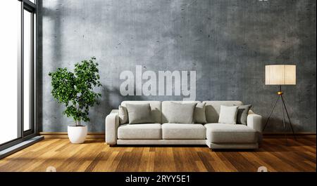 Cozy sofa in modern concrete empty room with plants windows and lamp on wooden floor. Architecture and interior concept. 3D illu Stock Photo