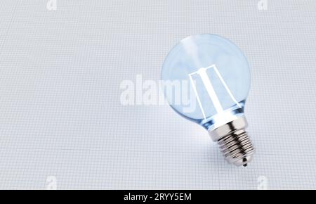 Light bulbs with incandescent bulbs glow blue on white draft office graph paper. Thinking and imagination idea concept. 3D illus Stock Photo