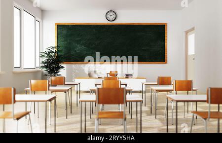 Empty white classroom background with green chalkboard table and seat on wooden floor. Education and Back to school concept. Arc Stock Photo