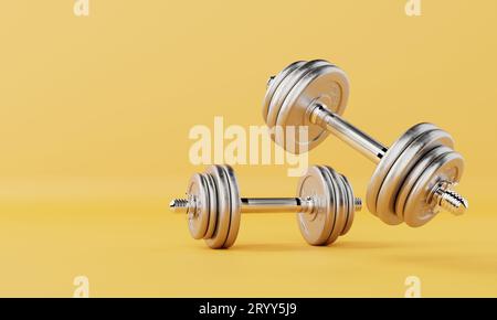 Two dumbbells on isolated yellow background. Fitness accessories and sport object concept. 3D illustration rendering Stock Photo