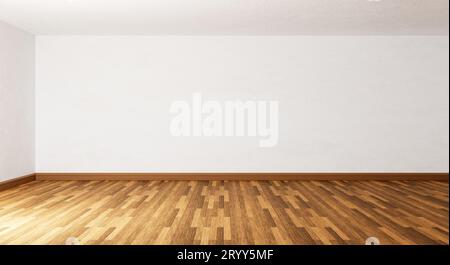 Empty room with parquet wooden floor and white concrete wall background. Architecture and interior concept. 3D illustration rend Stock Photo