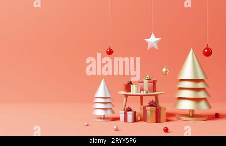 Christmas set decoration and ornament with golden and silver Xmas tree and snowflake on red background. Holiday festival and min Stock Photo