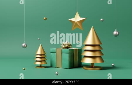 Christmas set decoration and ornament with golden Xmas tree and snowflake on isolated green background. Holiday festival and min Stock Photo