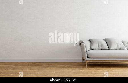 White empty wall with gray sofa made from wood and fabric textile. Interior and architecture background concept. 3D illustration Stock Photo