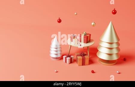 Christmas set decoration and ornament with golden and silver Xmas tree and snowflake on red background. Holiday festival and min Stock Photo