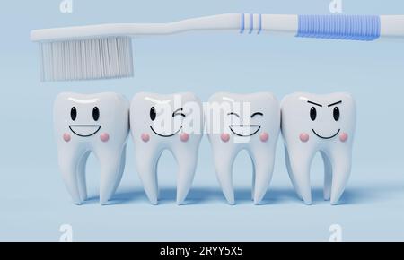 Healthy emotion teeth with toothbrush on blue background. Dental and Health care concept. 3D illustration rendering Stock Photo