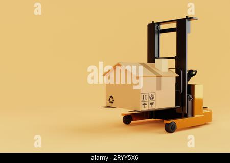 Forklift lifting and moving cardboard boxes that look like home or house on yellow background. Industrial and household mortgage Stock Photo