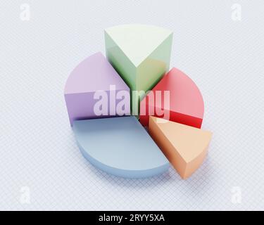 Multicolored pie chart on blue line paper graph texture. Business strategy and financial concept. Perspective view. 3D illustrat Stock Photo
