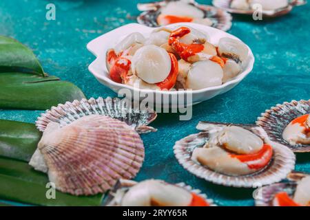 Raw fresh seafood shellfish scallops on blue background Stock Photo