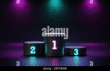 Cyberpunk cylinder winner podium on spotlight background with neon emission number place. Futuristic scene style concept. Studio Stock Photo