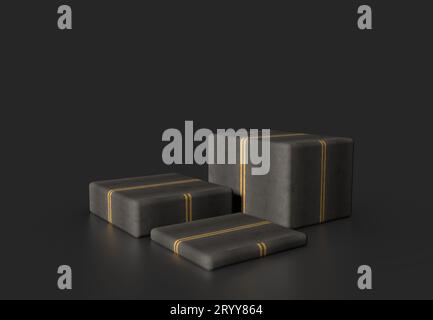 Product showcase with road asphalt texture for Car and vehicle show on black grey background. Podium and pedestal for exhibition Stock Photo