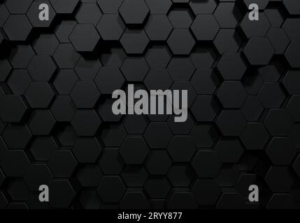 Black hexagon honeycomb shapes matte surface moving up down randomly. Abstract modern design background concept. 3D illustration Stock Photo