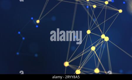 3D rendering abstract yellow geometry flying wireframe network and connecting dot space on blue background. Security futuristic Stock Photo