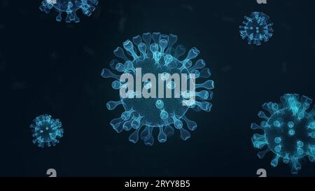 Close up influenza virus in blood vessel. Blue abstract Covid-19 wireframe Coronavirus background. Science and medical concept. Stock Photo