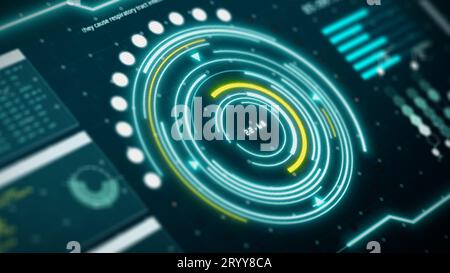 HUD digital transformation user interface computer screen display with pixels background. Blue and yellow abstract hologram holo Stock Photo