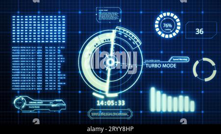 HUD driving car speed user interface computer screen display with pixels background. Blue abstract digital transformation hologr Stock Photo