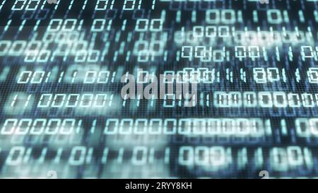 Digital binary code number on the computer display screen background. Blue green digital numeral software global network. Cyber Stock Photo
