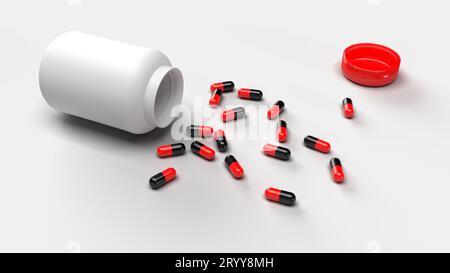 Group of Pills Medicine spill from bottle on white background. Medical research and pharmacy concept. Drug addiction. Health car Stock Photo