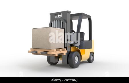 Yellow forklift moving and lifting up cardboard box pallet on white ...
