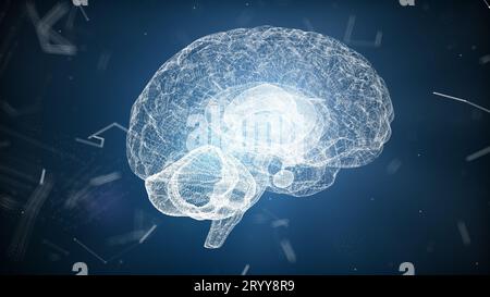 Abstract medical blue glow brain wireframe network and connecting dot in space background. Futuristics science and medical techn Stock Photo