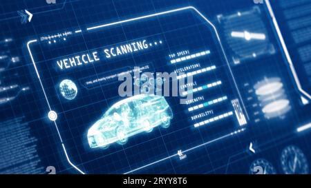 HUD driving car speed user interface computer screen display with pixels background. Blue abstract digital transformation hologr Stock Photo