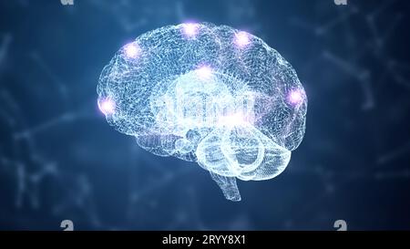 Abstract HUD brain and nervous system wireframe hologram simulation node with lighting on blue background. Nanotechnology and fu Stock Photo