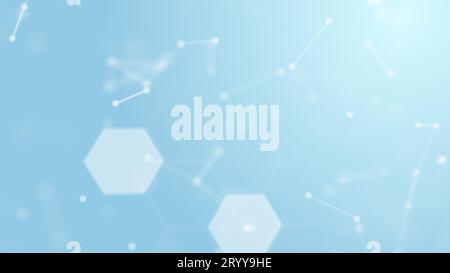3D Abstract white geometry float into medical wireframe network and connecting dot space on blue background. Security futuristic Stock Photo