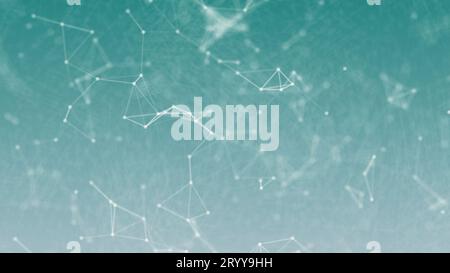 3D Abstract white geometry float wireframe network and connecting dot space on blue green background. Security futuristics compu Stock Photo