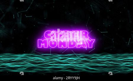 3D Cyber Monday abstract blue blurred geometry wireframe network and connecting node in space on black background. Security of f Stock Photo