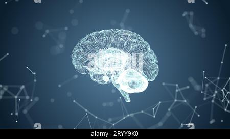 Abstract medical blue glow brain wireframe network and connecting dot in space background. Futuristics science and medical techn Stock Photo