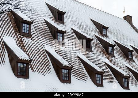 Snow falling on the roofs of the city. Snow-covered brown metal tiles roof of European house with windows. Rooftop covered Stock Photo