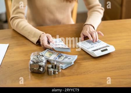 Woman hand money and giving donate charity raise donation concept Stock Photo