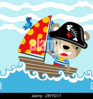 Cute bear in pirate costume on sailboat with a bird, vector cartoon illustration Stock Vector