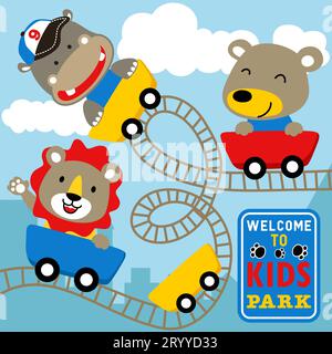 Funny animals on roller coaster, vector cartoon illustration Stock Vector