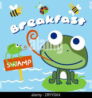 Vector cartoon of frog and chameleon in the swamp with insects Stock Vector