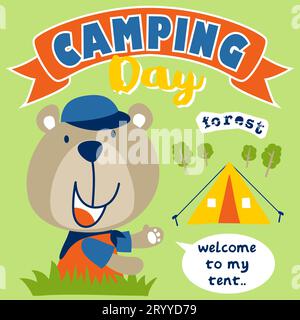 Vector cartoon of bear in scout costume with tent at camping day event Stock Vector