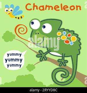 Vector illustration of cartoon chameleon on tree branches hunting dragonfly Stock Vector