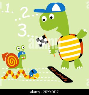 Vector cartoon illustration of racing run competition with snail and snake, turtle holding finish flag Stock Vector