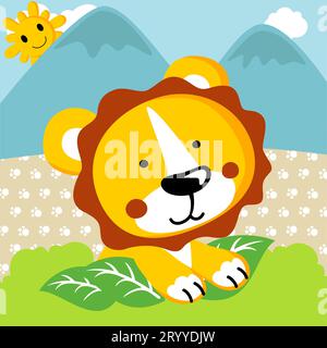cute lion cartoon in jungle Stock Vector