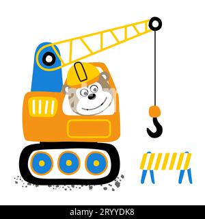 vector cartoon of monkey on construction vehicle with construction barrier Stock Vector