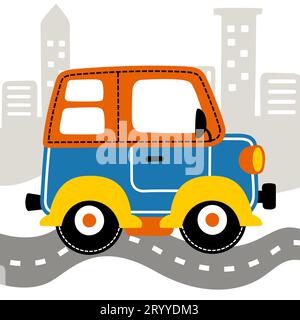 A van in the road on buildings backgrounds, vector cartoon illustration Stock Vector