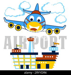 Funny airplane landing in airport, vector cartoon illustration Stock Vector