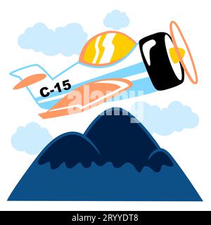 Airplane flying across over the mountains, vector cartoon illustration Stock Vector