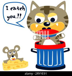 Little cat in trash can with mouse carrying cheese, vector cartoon illustration Stock Vector
