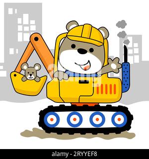 Cute bear and mouse on construction vehicle, vector cartoon illustration Stock Vector