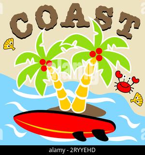 Surfboard under coconut tree, marine animals in the coast, vector cartoon illustration Stock Vector